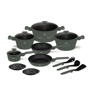 Set oale si tigai cu capace, 15 piese Green Matt Berlinger Haus BH 8208N, verde mat, antiaderente cu titan, inductie - Img 2