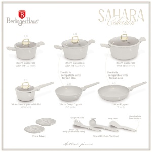 Set oale si tigai cu capace 15 piese Sahara Collection Berlinger Haus BH 8081N, crem, antiaderente, curatare usoara, inductie, design elegant, premium - Img 10