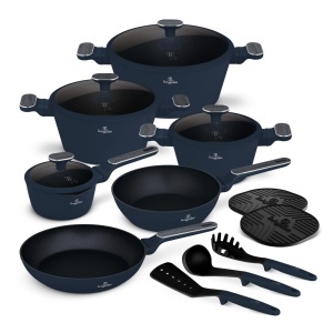 Set oale si tigai cu capace si ustensile 15 piese Deep Sea Berlinger Haus BH 8382, albastru mat, antiaderente, compatibile inductie