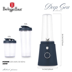 Smoothie maker 320 W cu 2 recipiente de voiaj – Berlinger Haus Deep Sea BH 9882, albastru mat, zdrobește gheața - Img 13