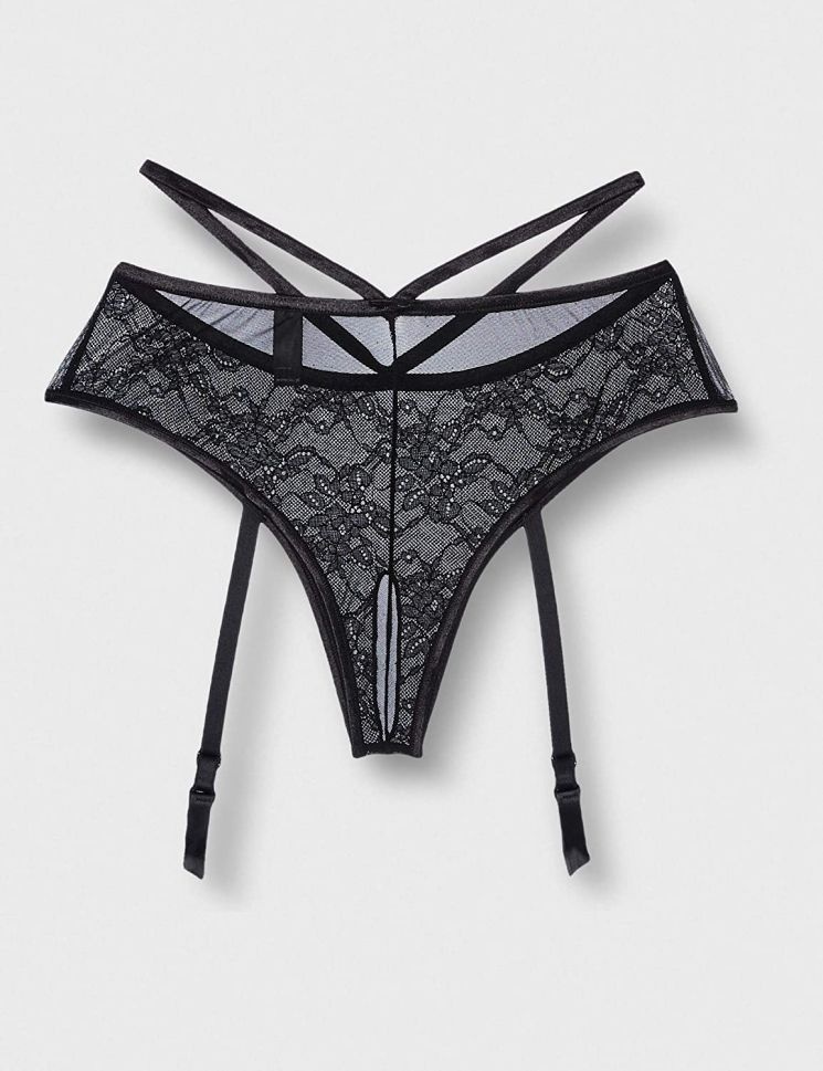 Chilotei negri din dantela florala si tul fin cu barete subtiri pe solduri G-String 2484, black - M/L - 1 | YEO