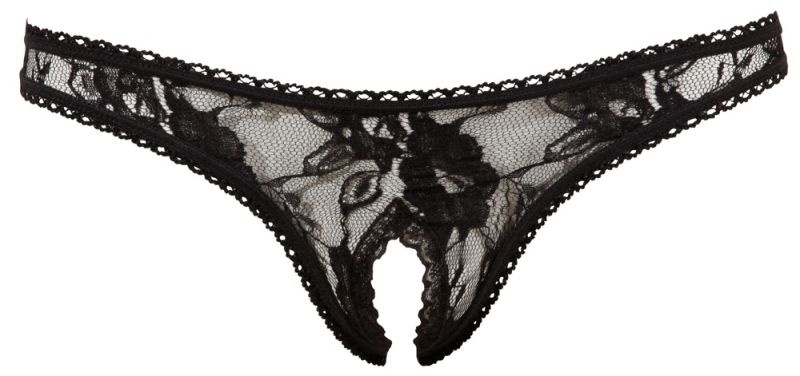 Chilotei tanga din dantela florala cu decupaj in zona intima String lace, Orion, black - XL