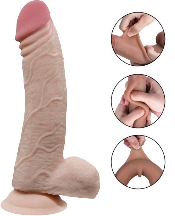 Dildo realist cu doua straturi, flexibil, cu ventuza de fixare Dildo Fabio Strat Dublu, Skin, 23 cm