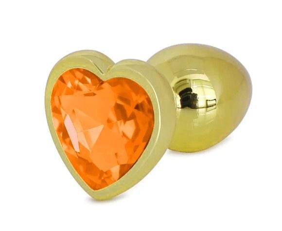 Dop anal Decorat cu o piatra portocalie in forma de inima Hearty Buttplug, Medium, Gold/Orange