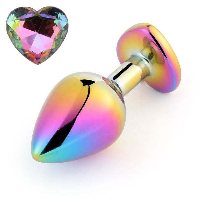 Dop Anal Plug Rainbow Decorat cu o piatra in forma de inima. Large, Heart Shape, Colorful Crystal