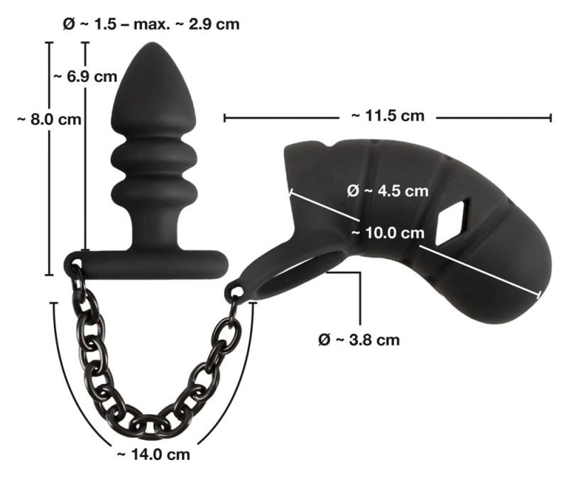 Inel cu bile, cușcă pentru penis și plug anal Cock cage with butt plug - 2 | YEO