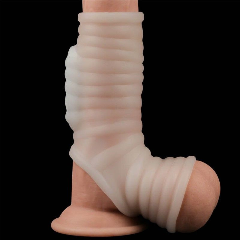 Manson penis cu vibratii Vibrating Silk Knights Ring with Scrotum Sleeve (White)