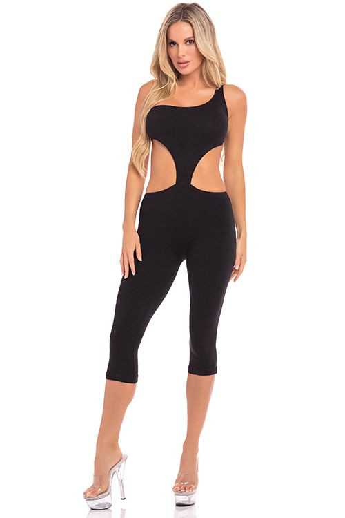 ONE SHOULDER CROPPED CATSUIT BLACK, Pink Lipstick - M/L