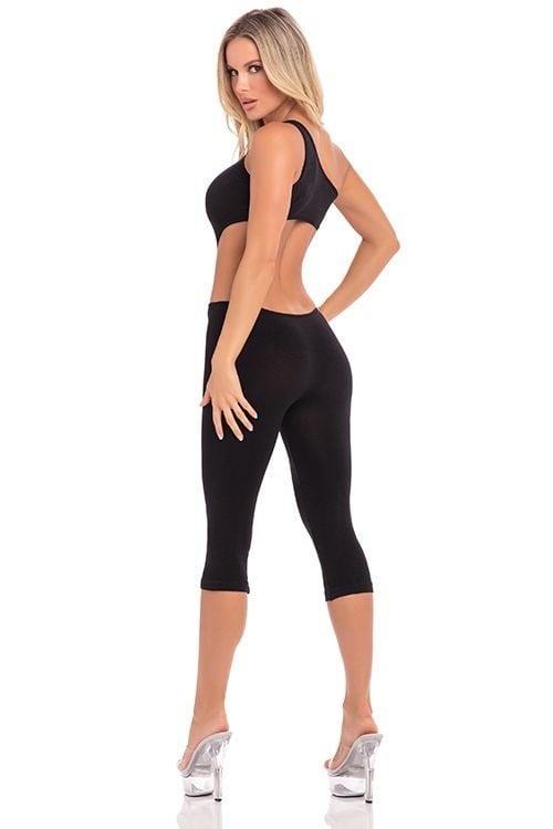 ONE SHOULDER CROPPED CATSUIT BLACK, Pink Lipstick - S/M - 2 | YEO