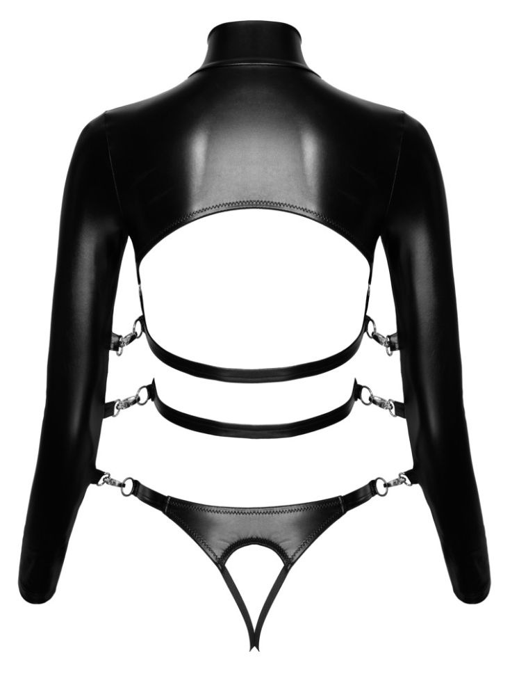 Set de bondage extravagant cu camasa cu cupa deschisa si tanga cu decupaj in zona intima Bad Kitty Set, black - S (36-38) - 1 | YEO