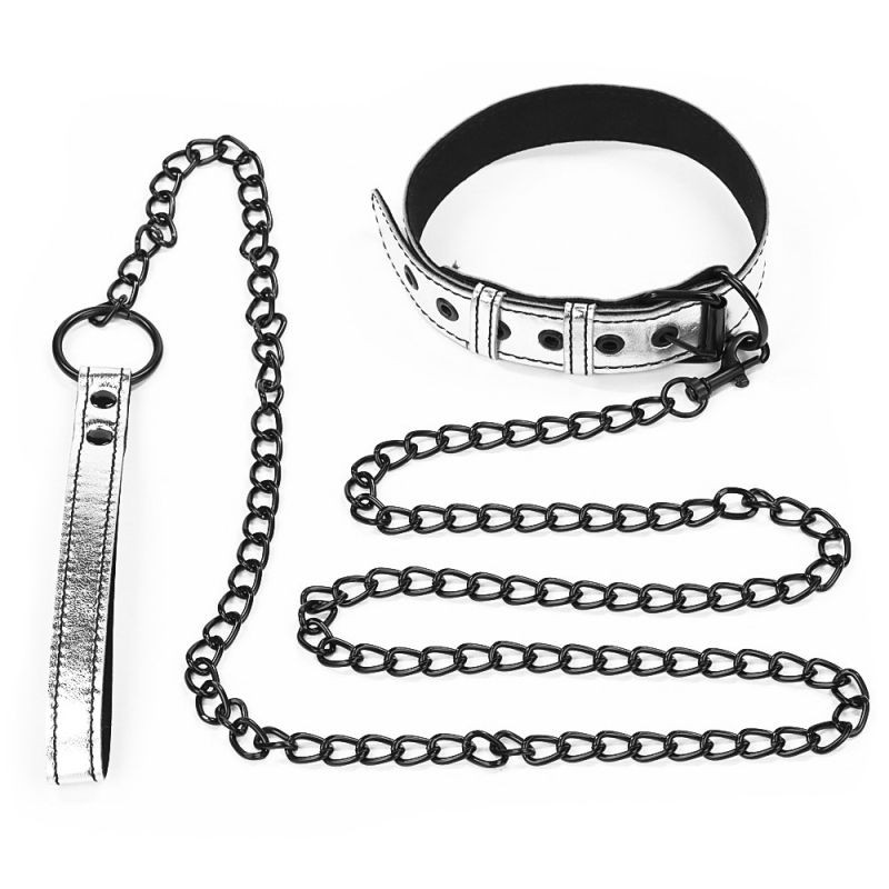 BONDAGE FETISH METALLIC PUP COLLAR WITH LEASH