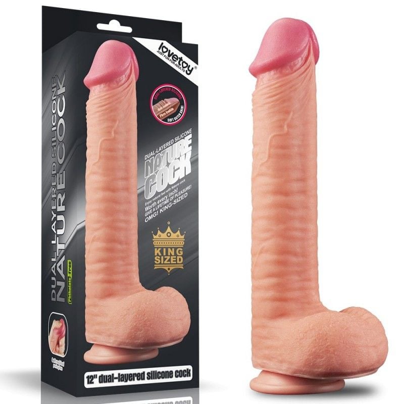 Dildo cap bombat și bile texturate 12 Dual Layered Platinum Silicone - 30cm x 5.3cm