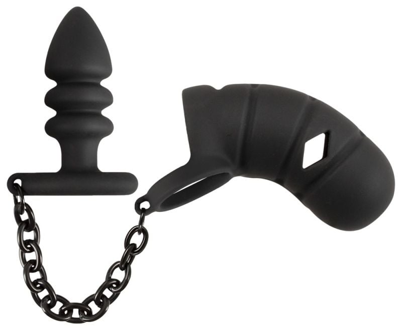 Inel cu bile, cușcă pentru penis și plug anal Cock cage with butt plug