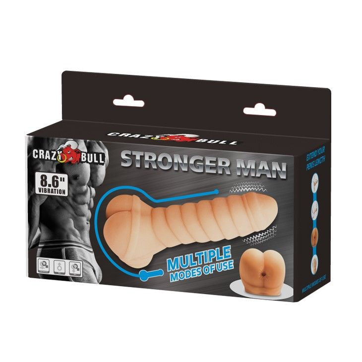 Prelungitor penis, masturbator cu glont vibrant si dildo 3 in 1 CRAZY BULL - STRONGER MAN (21,5 cm)