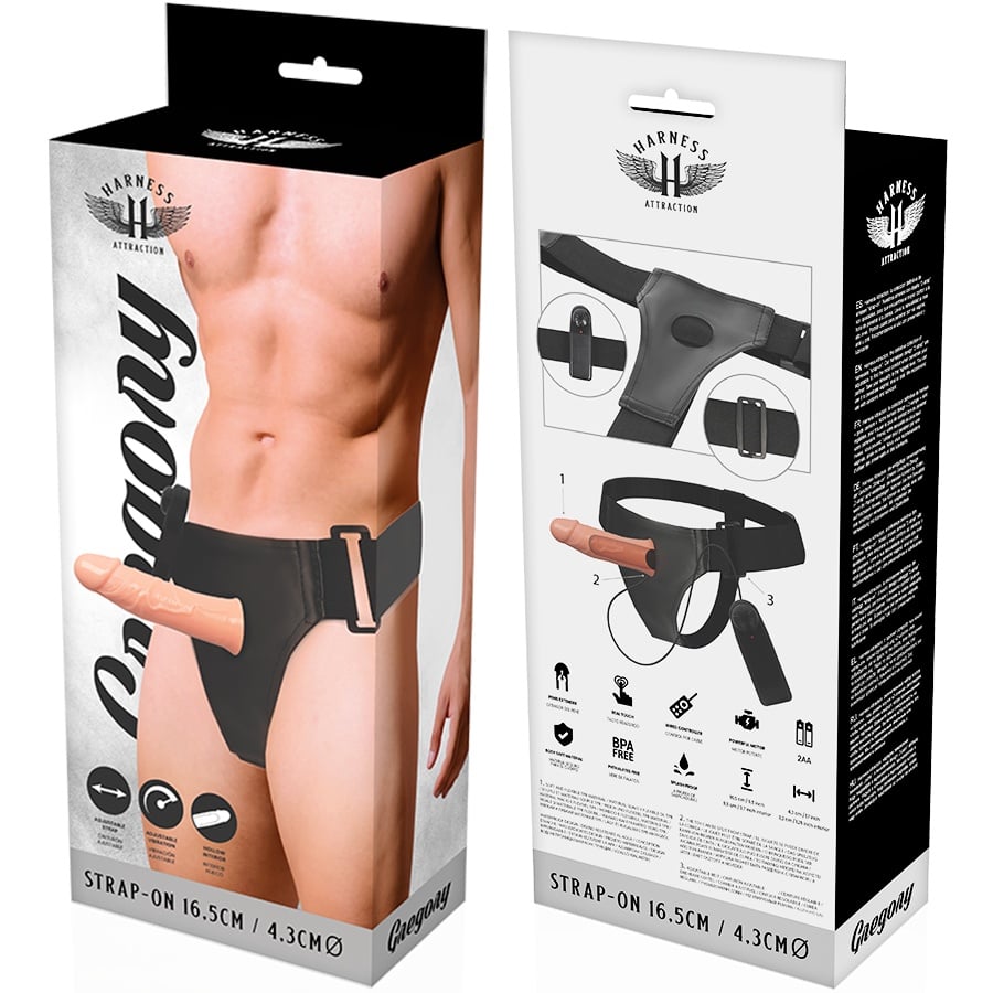 Strap-on cu prelungitor penis HARNESS ATTRACTION Gregory Hollow cu Vibrator 16.5 cm x 4.3 cm