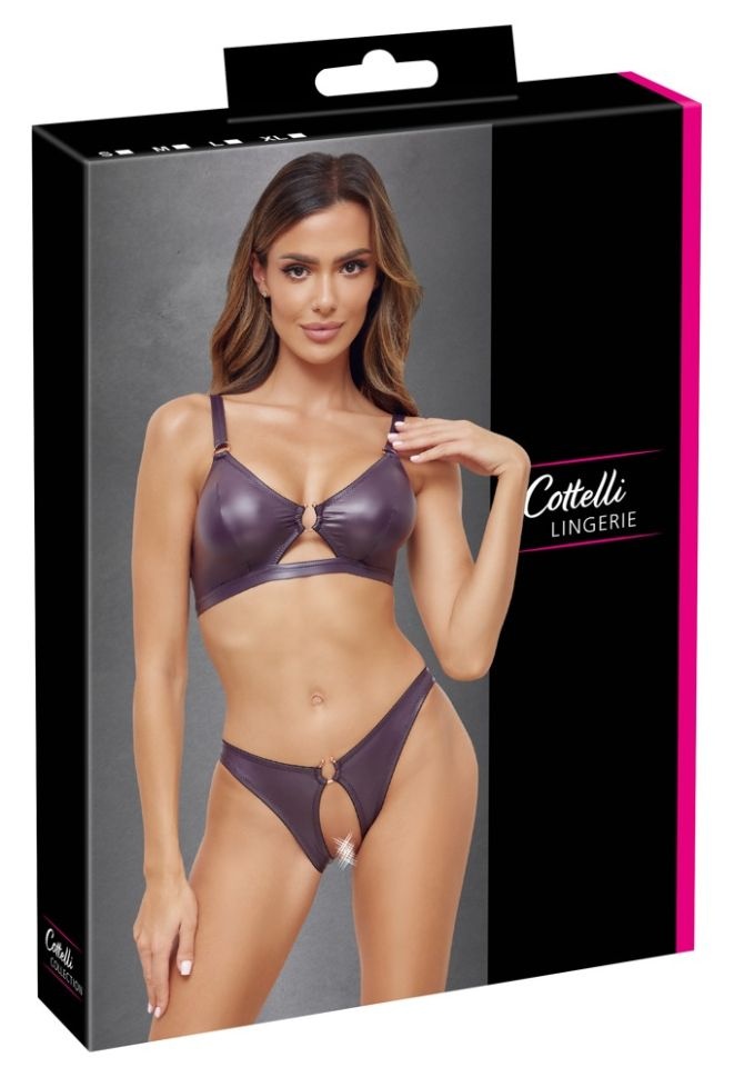 Sutien fara fir si slip cu aspect umed si decupaj in zona inghinala Set, Cottelli Lingerie - L - 2 | YEO