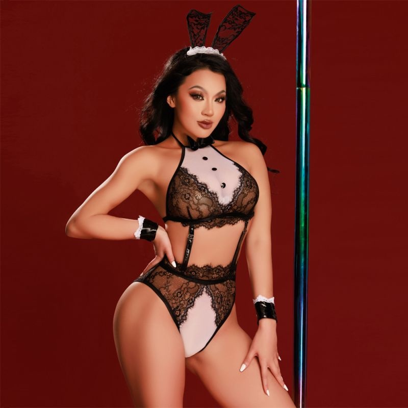 Setul de lenjerie sexy Bunny Girl Costume, 4 pcs, black/white, S-L