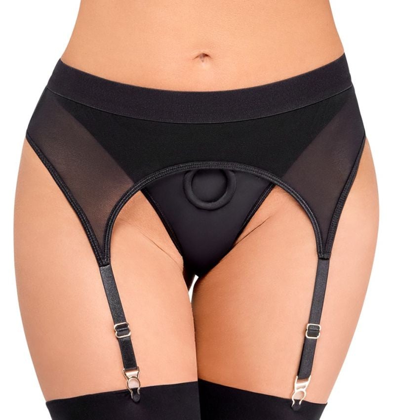 Tanga neagra cu jartiere Strap-on thong with suspenders, Bad Kitty - M