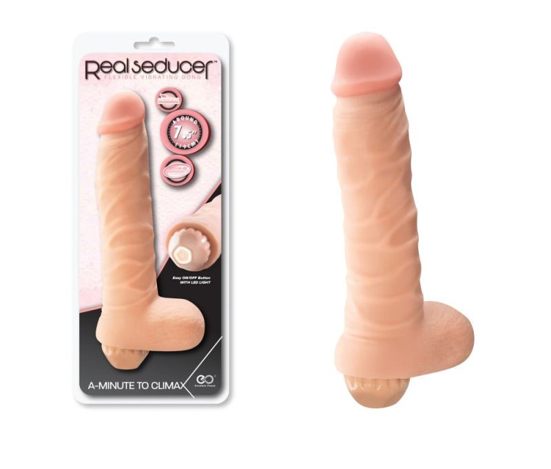 Vibrator clasic realist cu 10 functii de vibratie REAL SEDUCER Flexible Vibrating Dong (19cm)