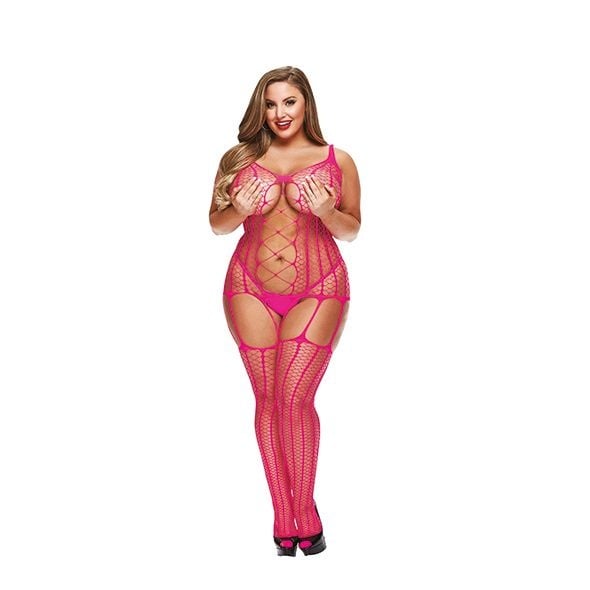 CRISS CROSS BODYSTOCKING WITH GARTERS HOT PINK, Lapdance - QS - 2 | YEO