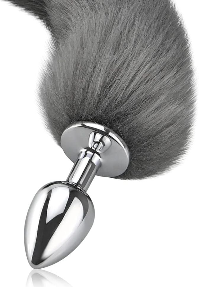 Dop Anal Plug cu coada lunga Fox Tail, Small, Gray/White