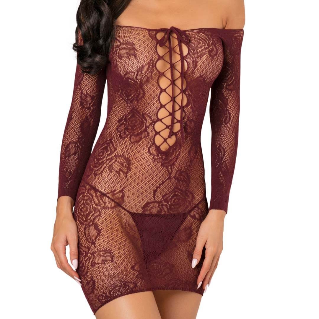 Rochie sexy din plasa cu motive florale cu maneci lung rosu-bordeaux RENE ROFE - OS - 2 | YEO