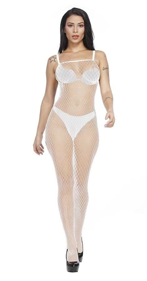 Bodystocking Crotchless Fishnet, Alb, S-L