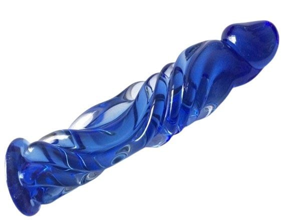 Dildo din sticla transparenta de inalta calitate cu model spiralat Real Tip Dildo, Premium Glass, Blue (16 cm)