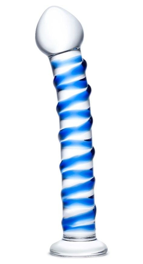 Dildo elegant, luxos si artizanal din sticla Premium Glass Spiral, Blue, 17 cm,