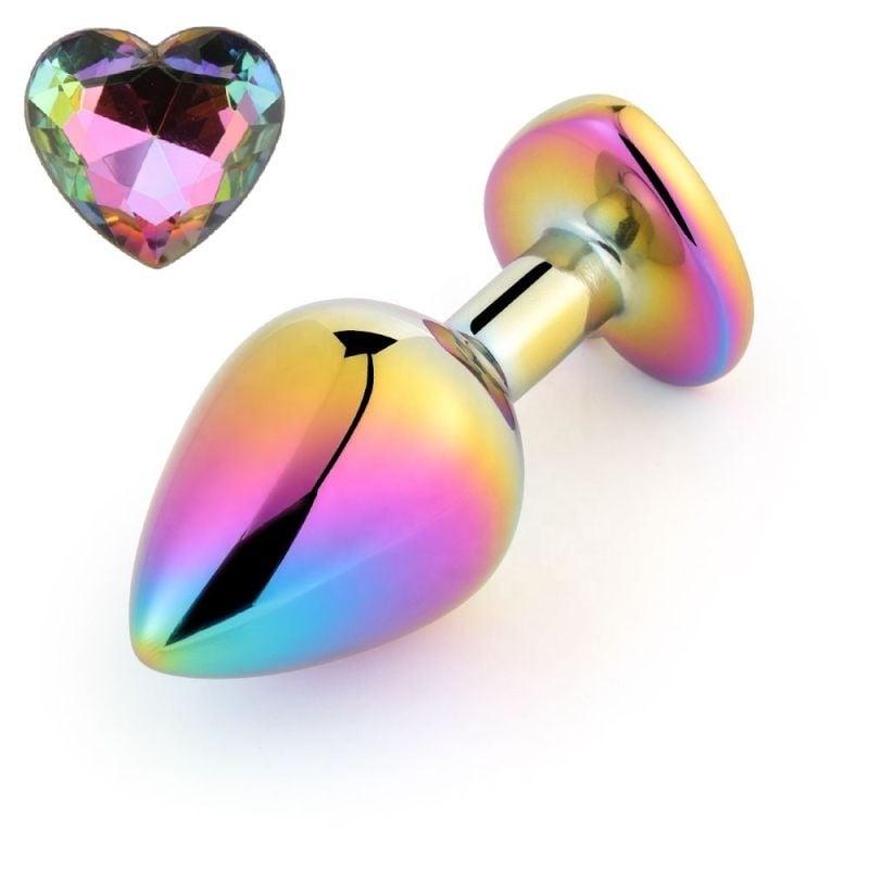 Dop anal Decorat cu o piatra multicolora in forma de inima Anal Plug Rainbow Buttplug Medium