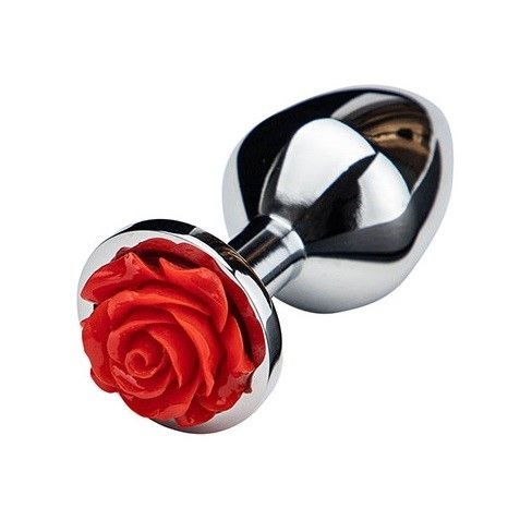 Plug metalic cu design cu trandafir Anal Plug Rose Pleasure Large, Silver/Red 10x4cm