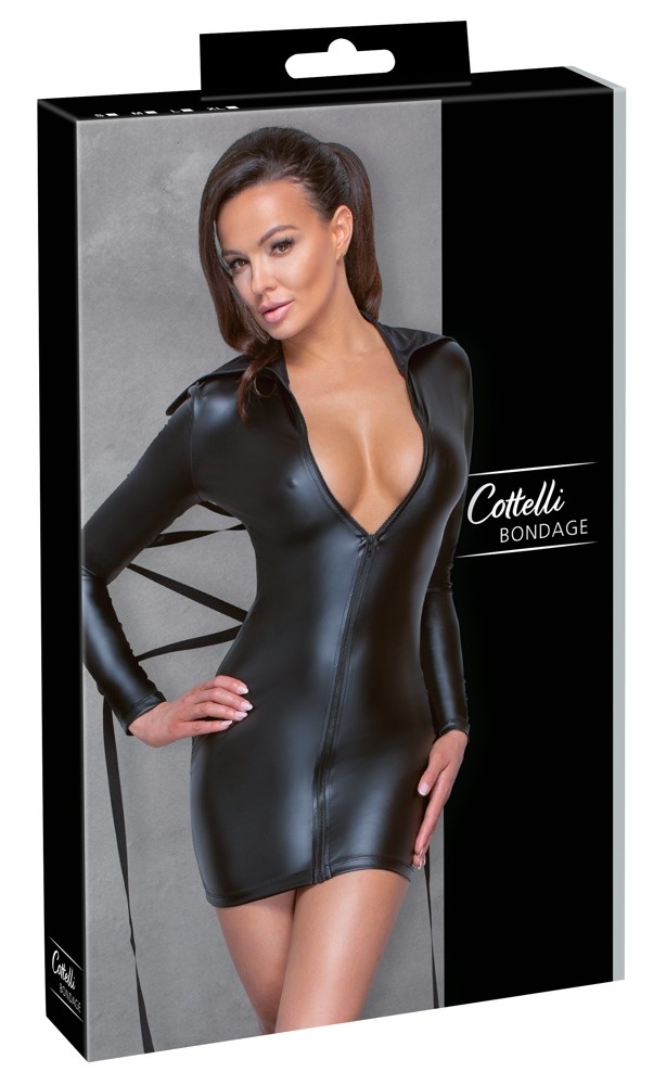 Rochie neagra cu maneca lunga, aspect mat, cu guler extravagant cu gat inalt Cottelli Bondage - S