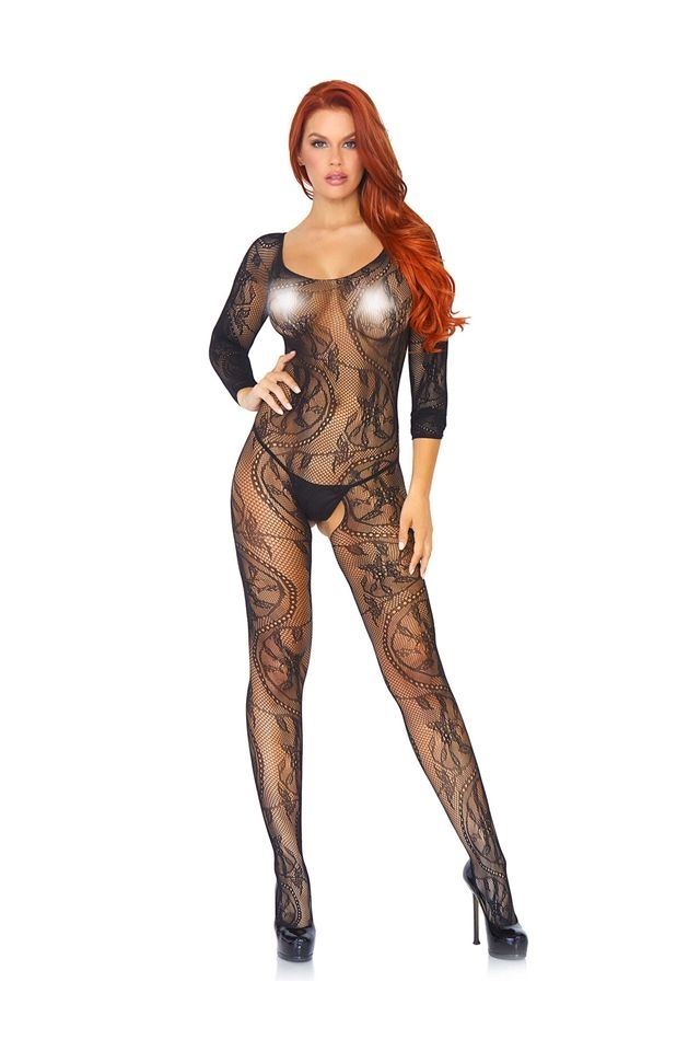 Seamless Swirl Lace Long Sleeve Bodystocking, Black - O/S - 1 | YEO