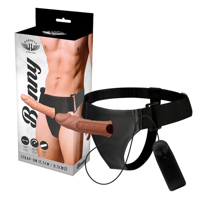 Strap-on cu prelungitor penis HARNESS ATTRACTION - Benny Hollow Harness cu Vibratii 15 cm x 4.5 cm