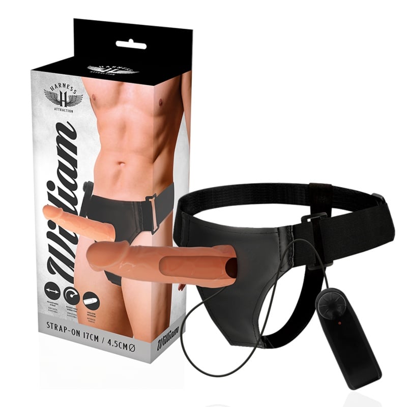 Strap-on cu prelungitor penis HARNESS ATTRACTION - Willian Hollow Harness cu Vibrator 17 cm x 4.5 cm