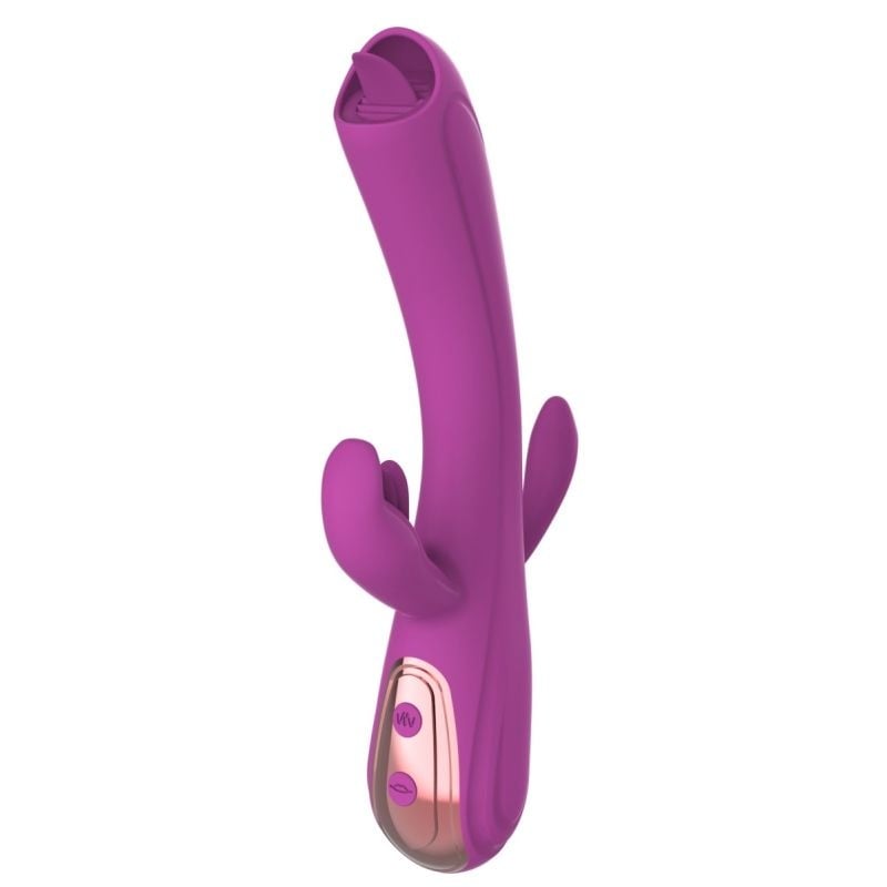 Vibrator cu tripla stimulare Rabbit Vibrator, Vibrating&Licking, Silicone, USB, Purple, 22 cm