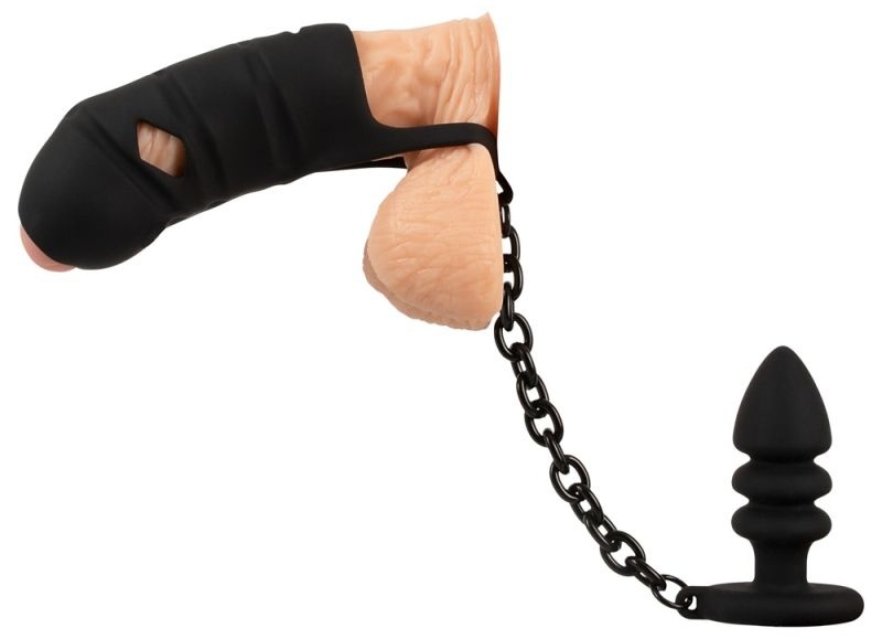 Inel cu bile, cușcă pentru penis și plug anal Cock cage with butt plug - 2 | YEO