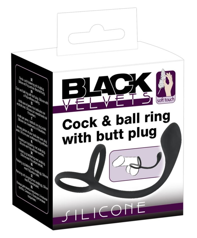 Inel pentru penis/testicule cu plug anal Cock & ball ring with butt plug (22,5 cm)