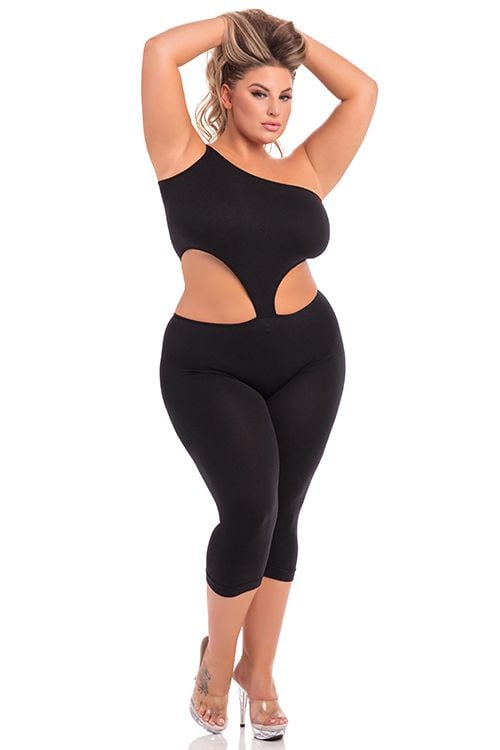 ONE SHOULDER CROPPED CATSUIT BLACK, Pink Lipstick - 3XL/4XL