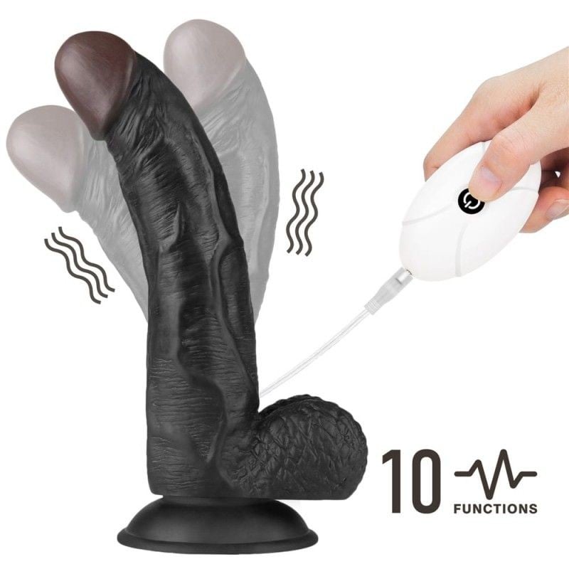 Strap-on cu ham si curea reglabile, prevazut cu vibrator realist cu 10 functii Black (21.5cm)