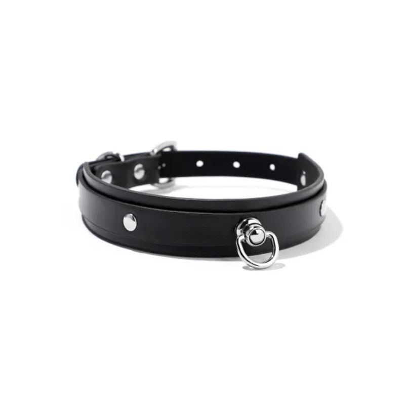 Zgarda reglabila din piele ecologica cu inel metalic de prindere Choker Fetish Love, black