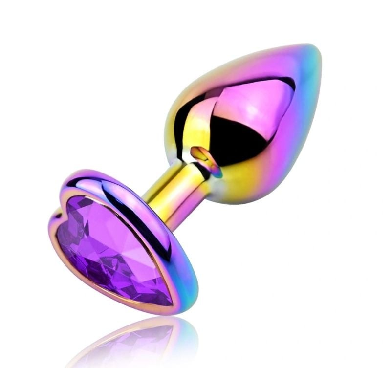 Anal Plug Rainbow Buttplug Large, Heart Shape, Purple Crystal