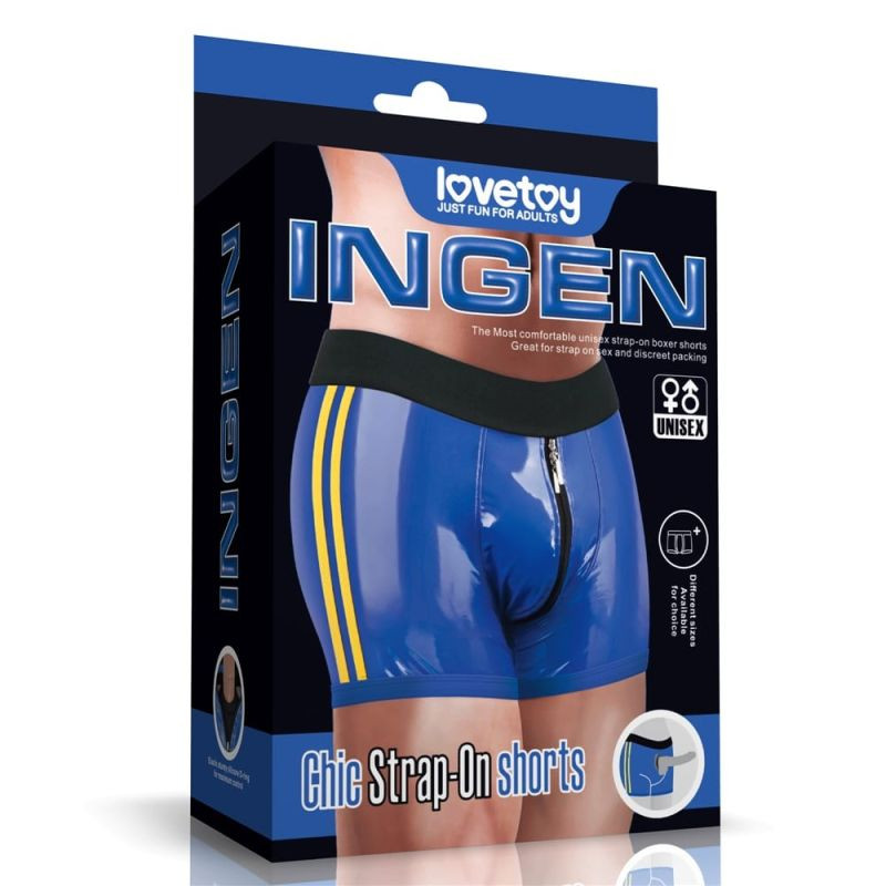 Boxeri cu fermoar dublu si buzunar ascuns pentru inserare jucarii Chic Strap-On shorts L/XL (101cm- 109cm), Blue