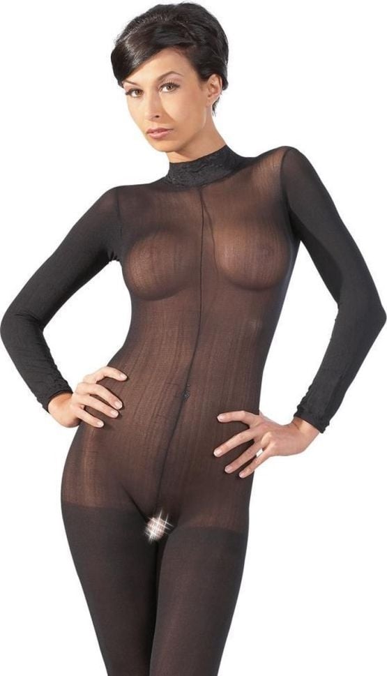 Catsuit mit Spitzenkragen black - S/M