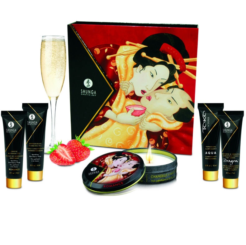 Kit masaj erotic pentru cupluri Shunga - Secret Geisha Strawberries and Cava Kit