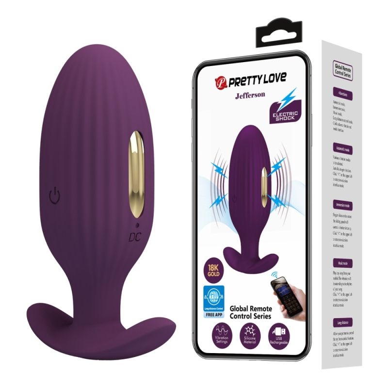 Plug anal unisex cu 3 setari de electro-stimulare, 12 moduri de vibratie Pretty Love Jefferson Purple