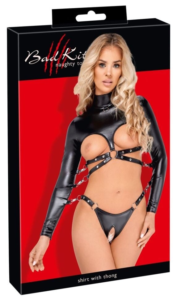 Set de bondage extravagant cu camasa cu cupa deschisa si tanga cu decupaj in zona intima Bad Kitty Set, black - XL (48-50)