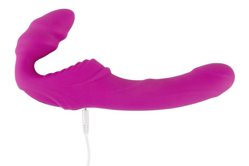 Strap-on fără bretele cu un vibrator dublu flexibil, cu 9 moduri diferite de vibrație