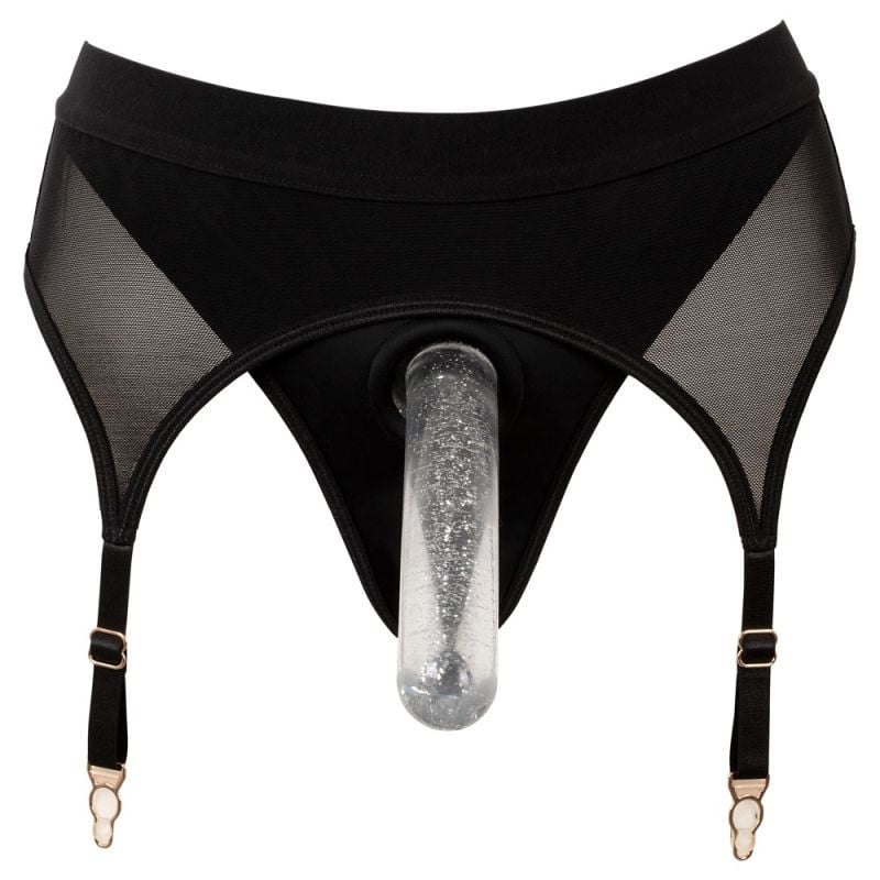 Tanga neagra cu jartiere Strap-on thong with suspenders, Bad Kitty - M - 1 | YEO