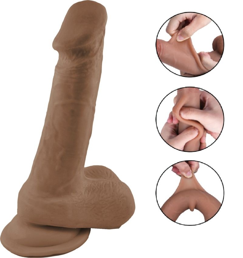 Dildo realist Tom Sliding&Bendable, TPE Strat Dublu, Mulatru,19cm